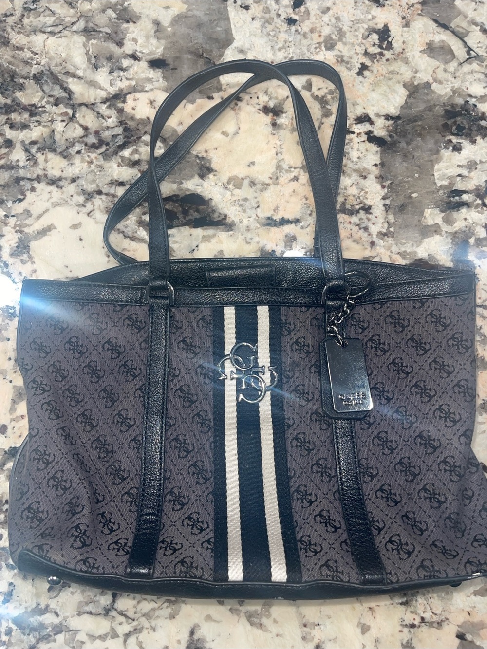 Guess by Marciano Brown and Black Monogram Stripe Tote